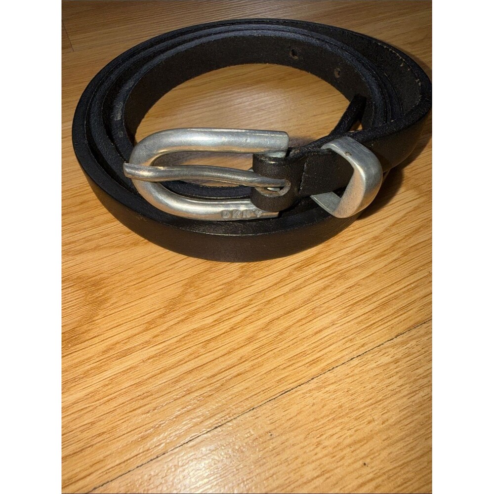 Vintage DKNY Classic Black Leather Slim Belt Silver Buckle Made in USA Small